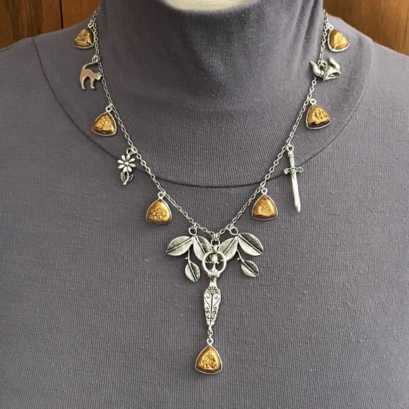 Freya Norse Mythology Goddess Handmade Viking Necklace, Sword, Gold Druzy Drops - Picture 7 of 16